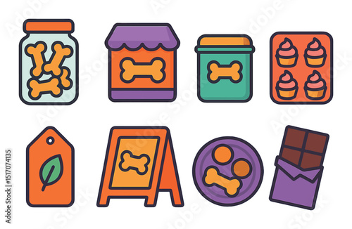 Pet shop flat icon set. animal care and dog treat symbols