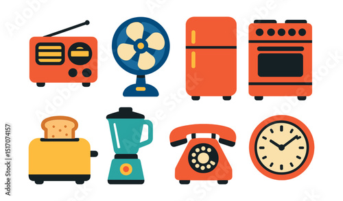 Flat vector icons of retro home appliances: analog radio, dial fan, vintage fridge, stove with knobs, toaster, blender, rotary dial phone, wall clock.
