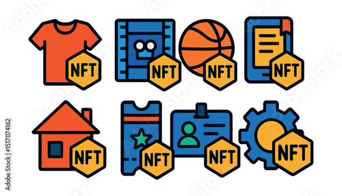 Flat vector icons of NFT adoption across industries: fashion NFT icon, film NFT badge, sports collectible token, publishing NFT, real estate token, event ticket as NFT, digital ID icon, utility NFT.
