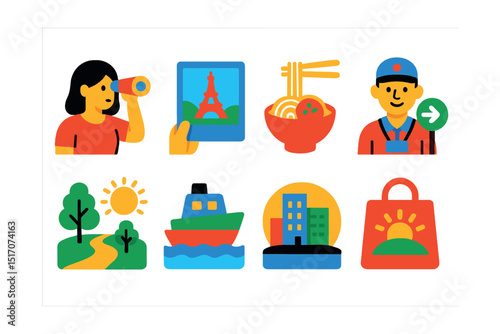 Flat vector icons of travel experiences: sightseeing, landmark photo, local cuisine, guided tour, nature trail, boat trip, cityscape, souvenir bag.