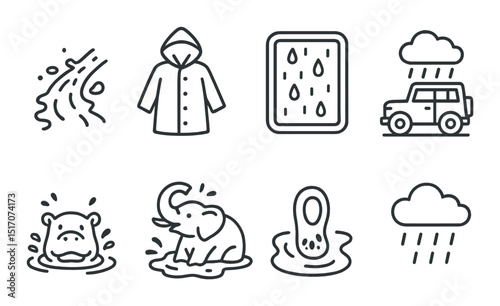 Rainy weather linear icon set. climate and precipitation symbols
