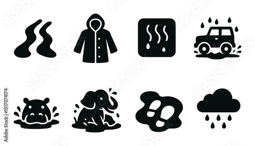 Animal and nature silhouette icon set. wildlife and weather symbols