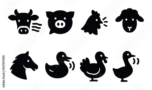 Farm animals silhouette icon set. livestock and barnyard creatures collection
