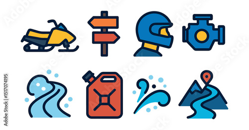 Flat vector icons of snowmobile adventure: snowmobile, trail sign, helmeted rider, engine detail, snowy path, fuel can, snow spray, mountain route.