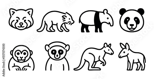 Wildlife animals linear icon set. endangered species and exotic fauna symbols