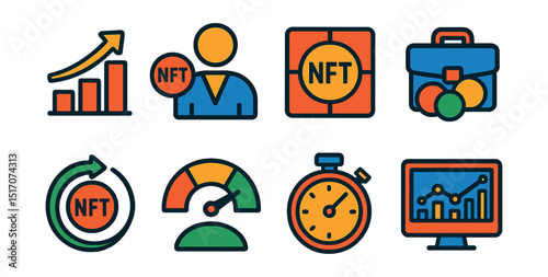 Flat vector icons of NFT investments and value: rising value chart, investor icon, fractional ownership, portfolio diversification, return on NFT, risk gauge, market timing icon, token analytics.