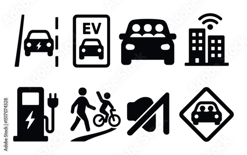 Electric vehicles silhouette icon set. ev charging and transportation symbols