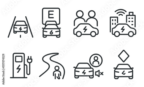 Electric vehicle linear icon set. ev, eco-friendly transport symbols