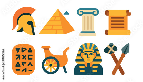 Flat vector icons of ancient history: Greek helmet, Egyptian pyramid, Roman column, ancient scroll, cuneiform tablet, chariot icon, pharaoh bust, early tools.