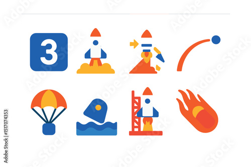 Flat vector icons of launches and landings: countdown screen, rocket lift-off, stage separation, trajectory arc, parachute landing, capsule splashdown, launch pad icon, reentry flames.
