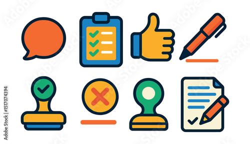 Flat vector icons of feedback and improvement: comment bubble, review checklist, thumbs up, red pen, approval stamp, error highlight, suggestion icon, edited document.