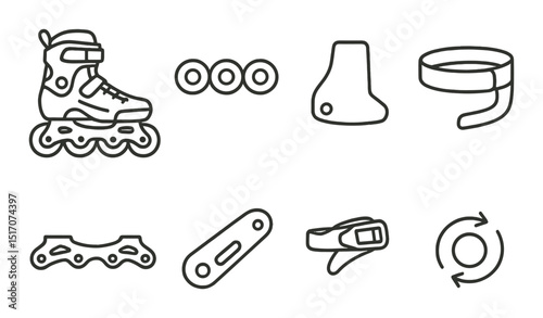Roller skating linear icon set. inline skating and rollerblading symbols