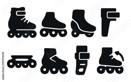 Roller skate silhouette icon set. skating and sports symbols