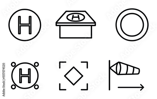 Helipad and aviation linear icon set. flight and landing pad symbols in outline style