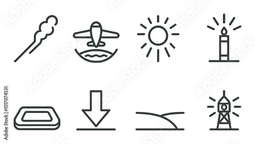 Weather and travel silhouette icon set. atmospheric and journey symbols collection