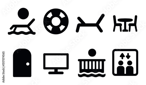 Hotel amenities silhouette icon set. accommodation and hospitality symbols
