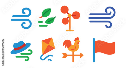 Flat vector icons of wind and breezes: wind swirl, blowing leaves, wind speed meter, gust icon, flying hat, kite in wind, weather vane, flag in wind.