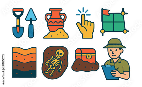 Flat vector icons of excavation and discovery: dig tools icon, found artifact, dirt layers icon, buried chest, unearthed skeleton, discovery moment, site grid, archaeologist with clipboard.