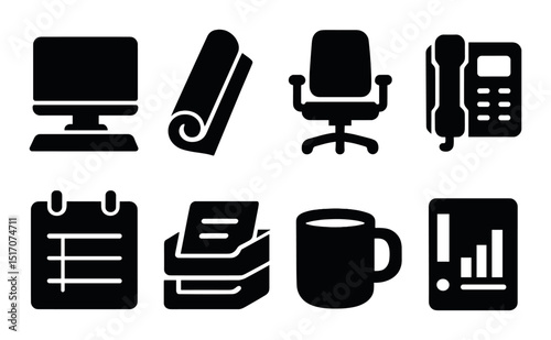 Business and office silhouette icon set. workplace and corporate graphics