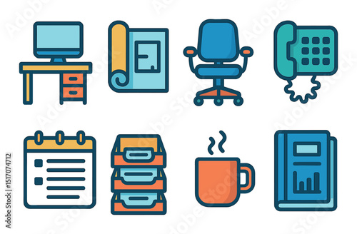 Office essentials flat icon set. business and productivity tools in modern design