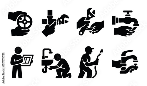 Plumbing services silhouette icon set. repair and maintenance symbols