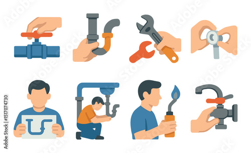 Plumbing tools flat icon set. faucet and wrench symbols for maintenance designs