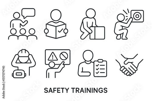 Safety training silhouette icon set. workplace emergency and compliance symbols