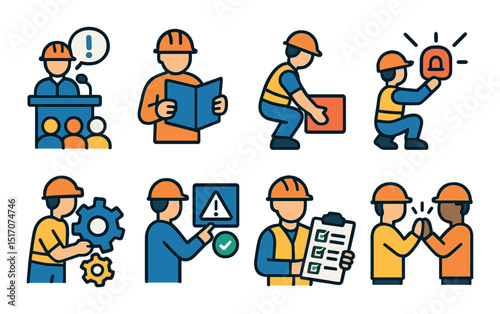 Construction safety icon set: flat symbols for industrial and hazard awareness