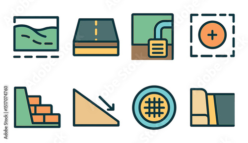 Road and infrastructure flat icon set. construction and urban planning symbols