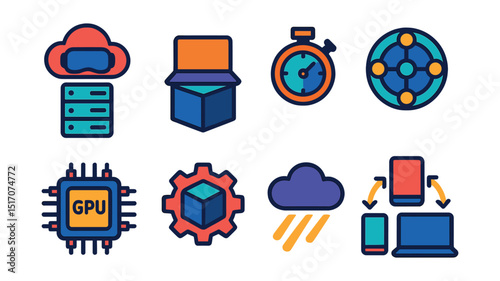 Flat vector icons of metaverse technology and infrastructure: server cloud for VR, edge computing node, latency optimization icon, network connectivity badge, GPU processor, 3D engine gear, rendering