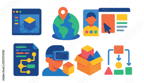 Flat vector icons of metaverse design and development: 3D editor screen, world-building icon, avatar customization panel, UI layout tool, interaction scripting icon, design preview VR, asset pack