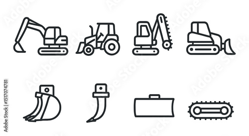 Construction equipment linear icon set. machinery and tools symbols for projects