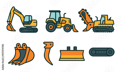 Construction equipment icon set in flat style. machinery, tools, and vehicle symbols