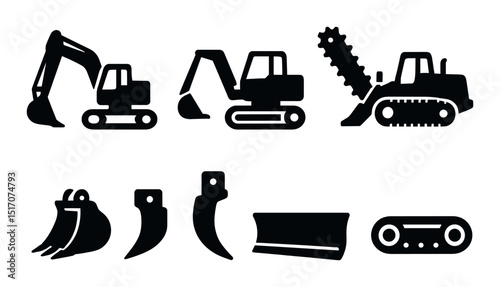 Construction machinery silhouette icon set. heavy equipment and industrial symbols