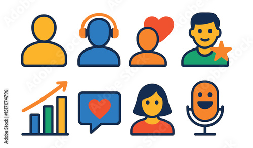 Flat vector icons of podcast audience and fans: listener profile, earbuds listener, podcast fan heart, favorite host, audience engagement graph, fan message bubble, listener avatar, podcast reaction.