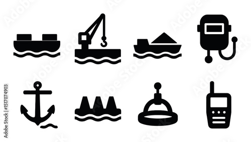 Marine and nautical silhouette icon set. ocean, sea, and maritime symbols