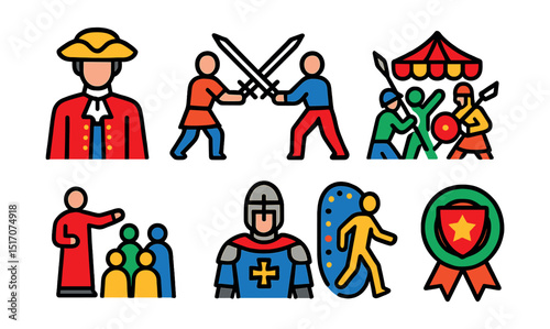 Flat vector icons of reenactments and events: historical costume icon, sword reenactment, public festival, staged battle, live heritage show, actor in armor, time travel event, reenactor badge.