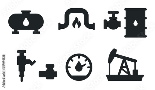 Oil and gas silhouette icon set. energy industry and fuel production symbols