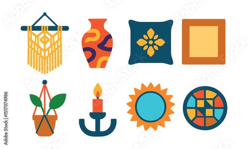 Flat vector icons of home DIY decor: macrame wall art, hand-painted vase, stencil pillow, wooden frame, plant hanger, candle holder, mirror decor, mosaic tray.