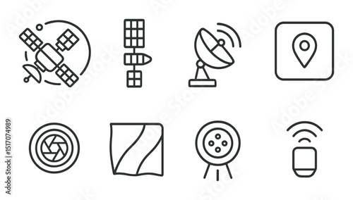 Space and navigation icon set. linear style symbols for astronomy and gps tracking