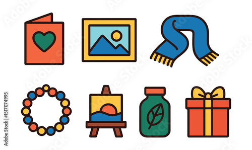 Flat vector icons of DIY gifts: handmade card, photo frame, scented candle, knitted scarf, bead bracelet, mini painting, herb jar, decorated box.