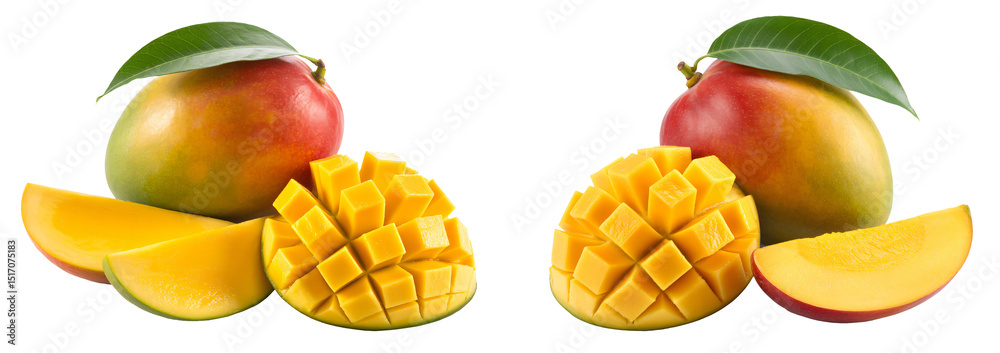 Whole mango and cubed mango with leaf. Whole mango and cubed mango with leaf.