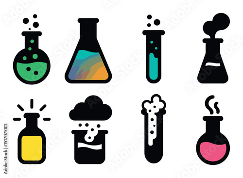 Chemistry silhouette icon set. laboratory and science equipment symbols