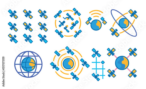 Satellite technology flat icon set. orbital systems and space exploration graphics