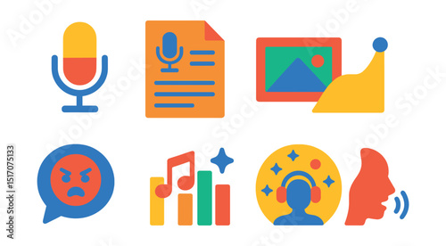 Flat vector icons of podcast storytelling and narration: voice-over mic, episode script, scene card, story arc icon, voice emotion bubble, background sound, immersive audio scene, narrator wave.