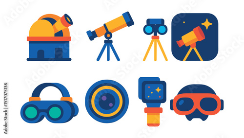 Flat vector icons of telescopes and observation devices: large observatory telescope, portable telescope, binoculars on tripod, telescope app icon, night vision goggles, deep space lens, digital sky
