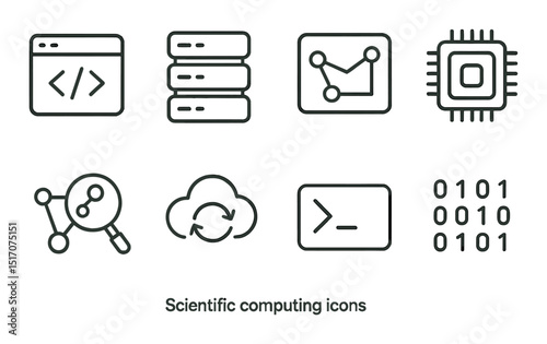 Scientific computing icon set: linear style icons for data analysis and coding needs