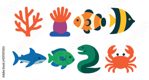 Flat vector icons of coral reef life: coral branch, clownfish, sea anemone, angelfish, reef shark, parrotfish, moray eel, reef crab.