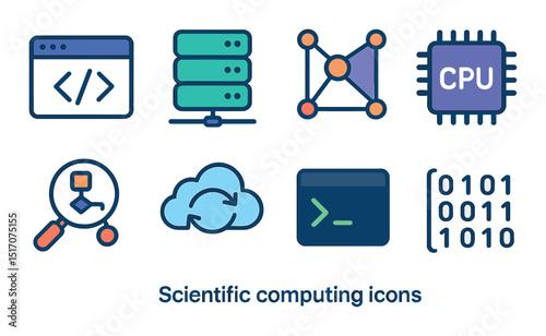 Scientific computing icon set in flat style. data analysis and tech symbols