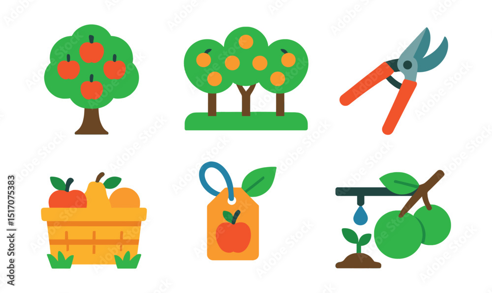 Fototapeta premium Flat vector icons of orchards and fruit trees: apple tree, orange orchard, pruning shears, fruit basket, orchard fence, tree tag, irrigation drip line, ripening fruit.